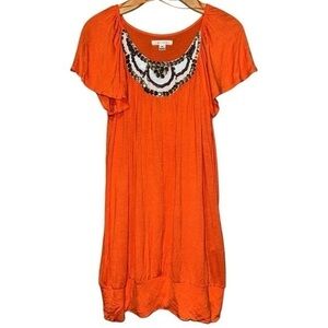 JohnPaulRichard Women’s M Orange Metal Beaded Embellished Neckline Tunic Top